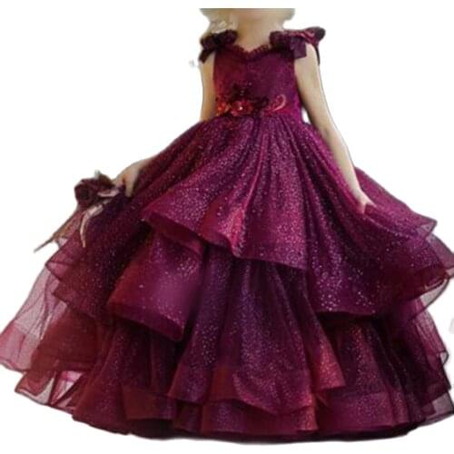 Purple Puffy Flower Girl Dresses for Wedding Lace Beads 3D Floral Appliqued Pageant Party Gowns Princess Girl Wear