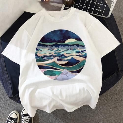 Mountain Graphic T-shirt Funny The Great Wave Womens T-shirt Kawaii Top Cartoon T-shirt Vaporwave Cute Short Sleeve Women