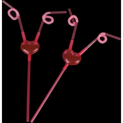 Creative Love Heart Double Straw Unique Flexible Drinking Tube Kids Colorful Plastic Drinking DIY Straws Bar Accessories