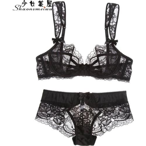 Shaonvmeiwu Lace Sexy Underwear Bra Set Comfortable Breathable Bra Transparent Breasted Large Size Black Temptation No Sponge