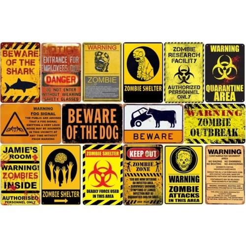 Vintage Metal Plate ZOMBIE WORNING & COW SHARK DOG BEWARE for Bar Wall Decor Plaques Wall Signs Bar Decoration Art Wall