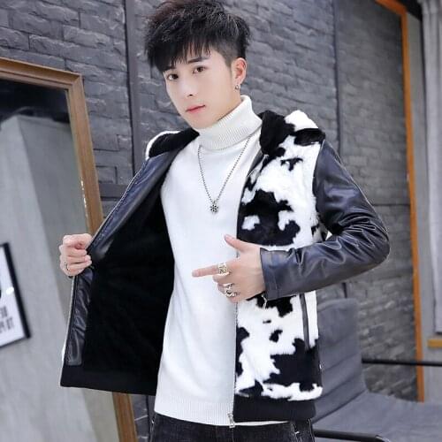 2021 Mens Faux Fur Integrated Leather Clothing Youth Slim-Fit Trendy Imitation Fur Handsome Fleece Padded Hooded Jacket