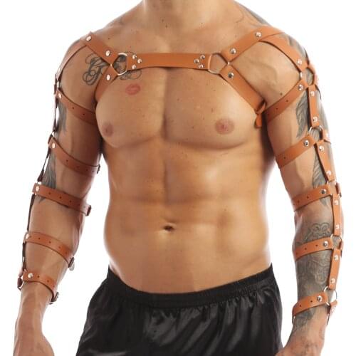 Mens Faux Leather Adjustable Arm Caged Body Chest Gothic Punk Club Bar Costume Muscle Harness Costume Belt with Metal O Rings