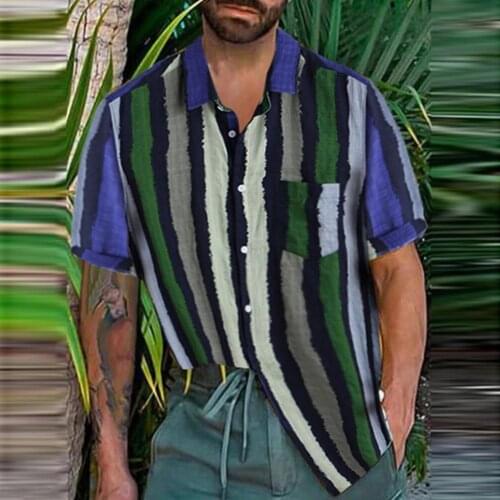 Striped Print Men Shirt Turn-down Collar Arc Hem Short Sleeve Buttons Closure Casual Shirt Beachwear