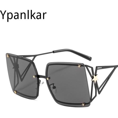 Pentagram Oversized Rimless Square Sunglasses Women Trendy Fashion Ladies Retro Sunglasses Sexy Red Brown Tinted Color Lens UV