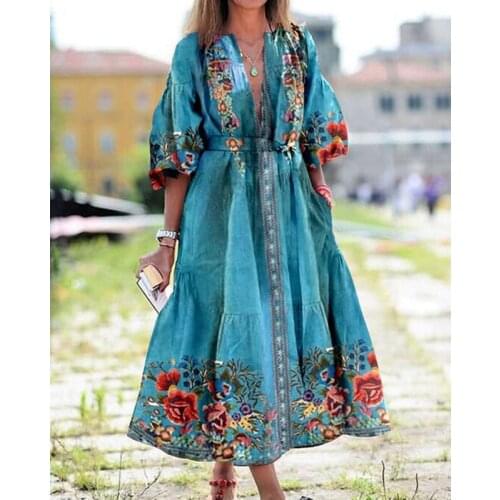 Autumn Casual Boho Beach Print Floral Woman Dress Feeme Winter 2020 V-Neck Loose Party Long Maxi Dresses for Women Vestidos