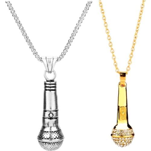 Crystal Necklace Rapper Microphone Pendant Necklace Men Women Gold Color Rhinestone Necklace Hip Hop Jewelry Accessories