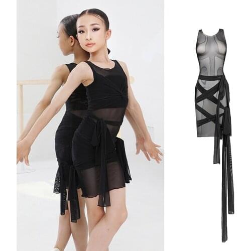 Girls' Latin Dance Competition Dress Transparent Mesh Bandage Black Dresses Kids Tango Ballroom Latin Dance Costumes DNV14942