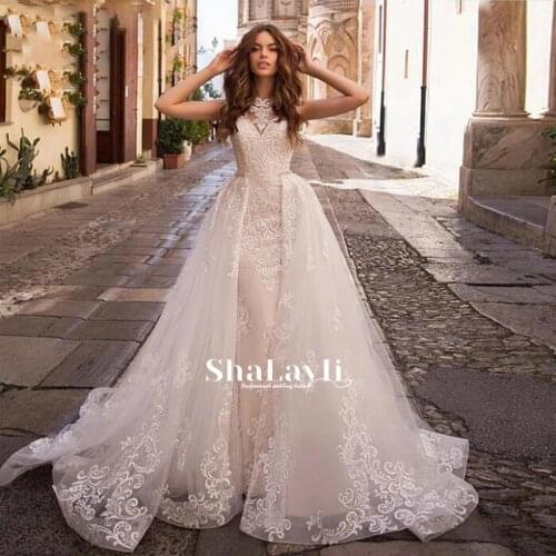 Luxury Mermaid Wedding Dresses Sleeveless Detachable Train 2 In 1 Lace Beaded Applique Plus Size Bride Wedding Gowns