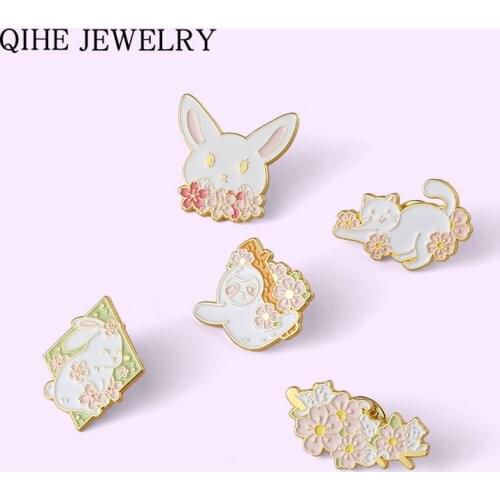 Pink Sakura Cat Rabbit Enamel Pin Kitty Sloth Brooches for Women Cartoon Flower Animal Lapel Pin Badges Jewelry Gift Wholesale