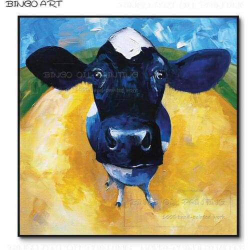 Artist Hand-painted High Quality Lovely Cow Oil Painting on Canvas Handmade Simple Funny Animal Cow Oil Painting for Living Room