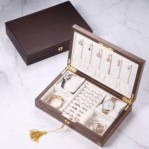 2021 New Wooden Large Multi-Function Jewelry Box Organizer Rectangle Necklace Ring Earring Watch Jewellery Storage Case Casket