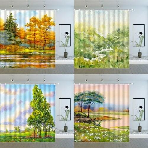 Natural Landscape Shower Curtains Oil Painting Watercolor Forest Plant Flower Scenery Bathroom Waterproof Cloth Hanging Curtain
