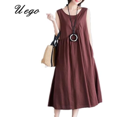 Uego Sleeveless Loose Summer Dress Soft Cotton Linen Korea Design Beach Casual Dress Plus Size 2021 New Women Midi Party Dress