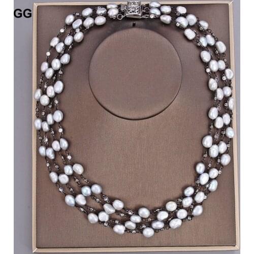 GuaiGuai Jewelry 18" 4Rows Freshwater Gray Baroque Pearl Clear Cz Chain Necklace