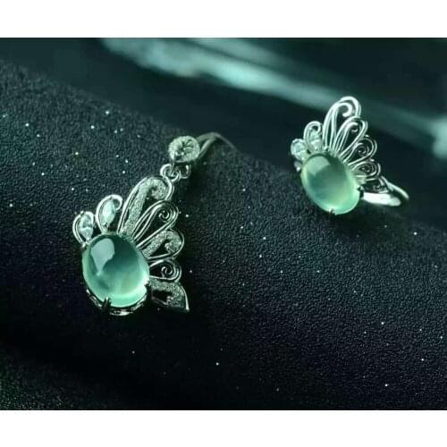 Natural green prehnite gem jewelry sets natural gemstone ring Pendant Earrings 925 silver Stylish butterfly women party jewelry