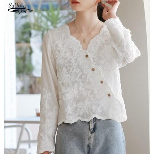2021 Spring Cotton Floral Embroidery Blouse Women Fashion Casual V Neck Button Women Shirt Long Sleeve Female Clothing 13332