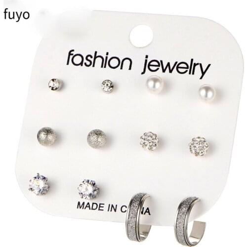 Simple Fashion 6 pair/set Women Cubic Zirconia Crystal Bead Stud Earrings for Women Piercing Simulated Pearl Flower Earrings Set