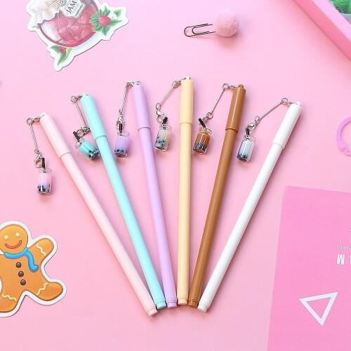 2 Pcs Kawaii Bubble Tea Bottle Pendant 0.5mm Gel Pens Black Ink Signature Pens School Office Stationery Gift