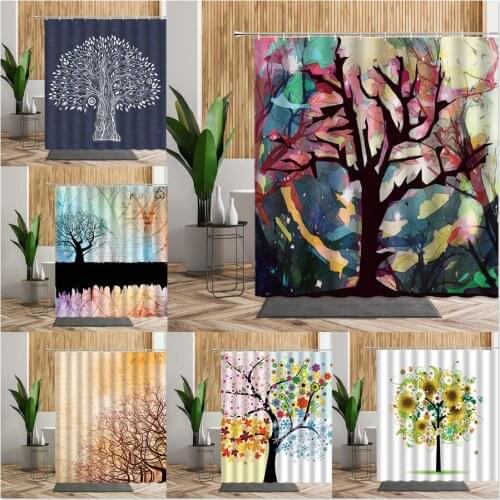Abstract Art Shower Curtain Tree Pattern Flower Printed Bathroom Bath Decor 3D Creative Wall Hanging Fabric Curtains Accessories