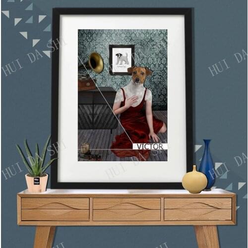 His Masters Voice, Animal Half Human art Print, Quirky HMV Theme, Jack Russel In a Red Dress, Animal Head Human Body Poster