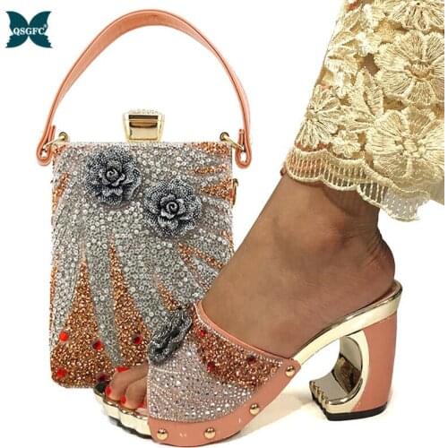 Latest peach color Italian Shoes and Bag Set for Party In Women Wedding Shoes Bride Cristal High Quality African Wedding Shoes