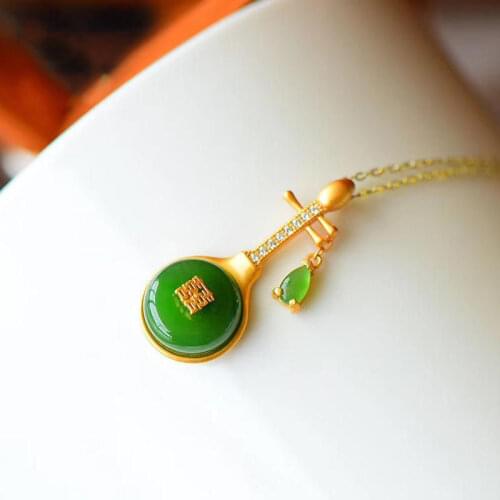 "The Pi-PA Player" Ancient S925 Sterling Silver Inlaid Russian Spinach Green Jasper Pipa Pendant Female Classical Necklace