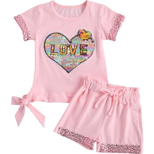 2Pcs Cute Baby Girl Clothes Set Summer Cotton Valentines Day Clothes Love Heart T-Shirt Tops Sequin Shorts Sets Outfits Clothes