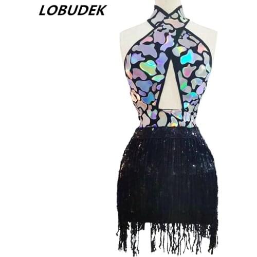 New Sexy Backless Gold Silver Sequins Tassel Mini Dress Women Latin Modern Dance Outfit Bar Nightclub DJ Singer Group Costume
