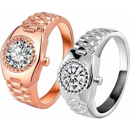 Popular Rose Gold Watch Crystal Ring Men and Women Fashion Creative Rhinestone Zircon Jewelry Engagement Rings Anniversary Gift
