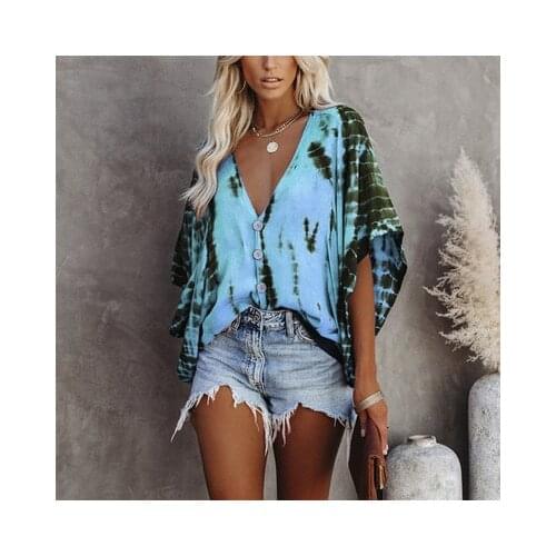 Plus Size 5XL Women Pullover Button V-neck Bat Sleeve tie-dye Print Top Casual Loose Pleated T Shirt Ladies Street Style T-shirt
