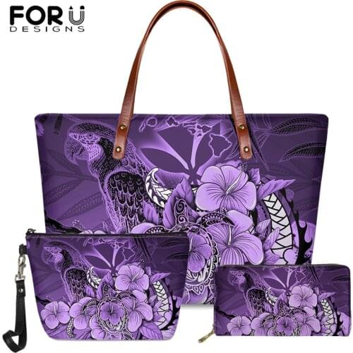 FORUDESIGNS Luxury Large Handbag For Women Purple 3D Polynesian Tribal Tortoise Female Long PU Wallet Hibiscus Flower Handbag