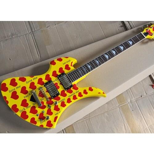 Factory Outlet-Free Shipping 6 Strings Unusual Shaped Yellow Electric Guitar with Red Heart,Rosewood Fretboard