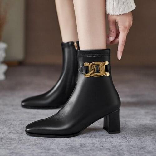 Square Toe High-Heeled Large Size Stretch Boots Metal Decorative Microfiber Leather Suture Ankle Boots Plush And Lycra Lining