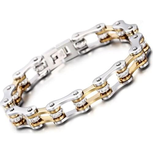 Silver Color Golden Stainless Steel Bicycle Chain Bracelet AAA Crystal Friendship Bracelet Men Mens Biker Jewelry Drop