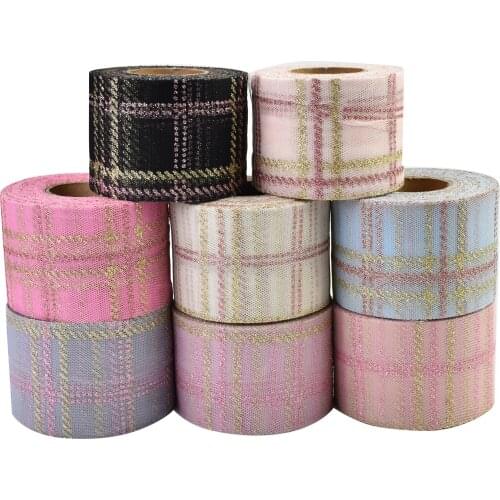 HSDRibbon 60MM Colorful plaid printed Pattern organza Mesh Fabric Ribbon