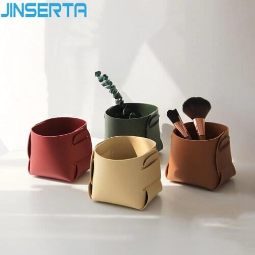 JINSERTA PU Leather Folding Tray Jewelry Cosmetic Makeup Brush Organizer Home Desktop Keys Coins Sundries Storage Bucket
