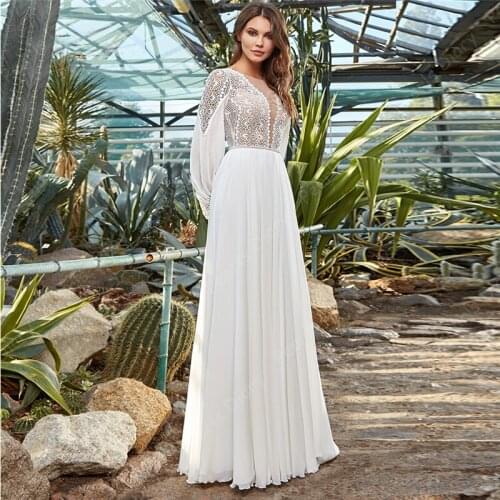 Modest Beach Full Lace Top Wedding Dresses Long Sleeve Sweep Train Bride Dress Vestido De Noiva Chiffon Bridal Gowns Zipper Back