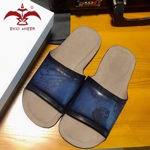 100% Genuine Leather Slides Men Lady Slippers in Patina Blue Color 6.5 7 7.5 8 8.5 9 Sandals Handmade Custom Sliders