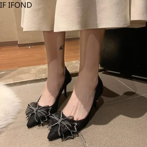 IF IFOND Summer New Lace Mesh Women Shoes Pointed Toe Pumps Fashion Delicate Sweet Bowknot High Heel Shoes Thin Dress Shoes