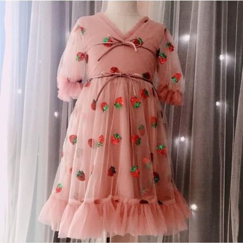 Baby Girls Birthday Party Kids Strawberry sequined Printed Summer v-neck puff sleeve mesh ball gown long dress