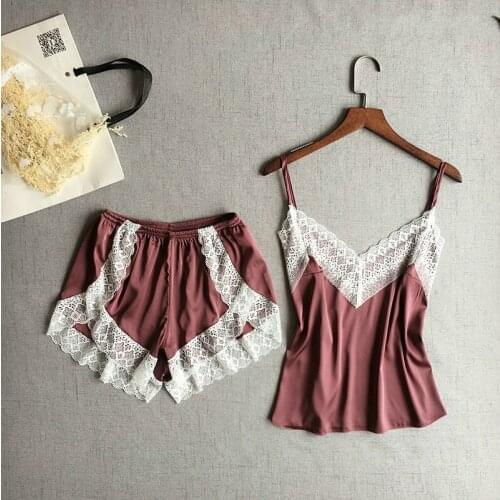 Womens Night Clothes Sexy Satin Pajamas Set White Lace V-cut Pajamas Sleeveless Nice Cami Top and Shorts