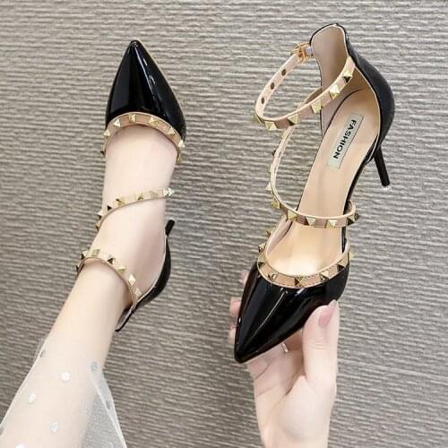 2020 summer sandals for ladies with rivet pointed pointed stiletto sandals artificial PU baotou one-word buckle side empty heels