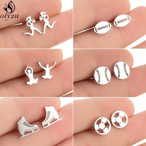 Multiple Sports Stud Earrings Women Stainless Steel Football Volleyball Rugby Hockey Yoga Earings Girls Sport Jewelry kolczyki