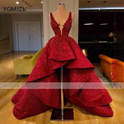 Women Long Prom Dresses High Low Style V Neck Sleeveless Sparkly Sequin Dubai Girls Red Party Evening Gowns 2020 New