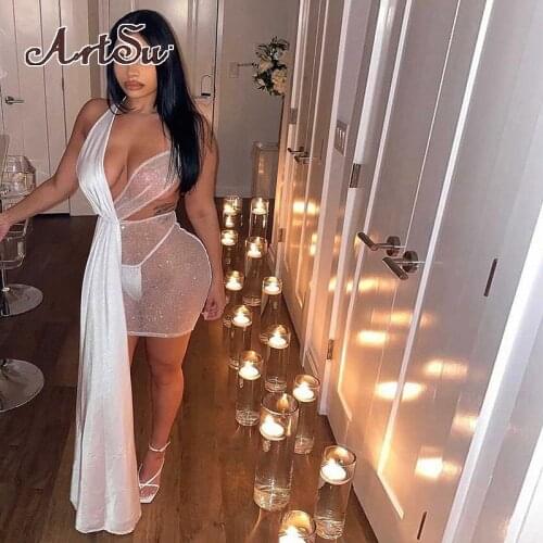 Artsu See Through Mesh Mini Dress Women Skinny Halter Sleeveless Backless Extended Gauze Sexy Club Female Dresses ASDR83257