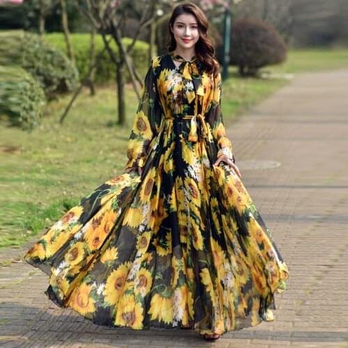 2020 Spring Women Chiffon Floral Party Long Sleeve Maxi Dress Hawaii bangkok Dress Plus Size Beach Wedding bridesmaid Dress