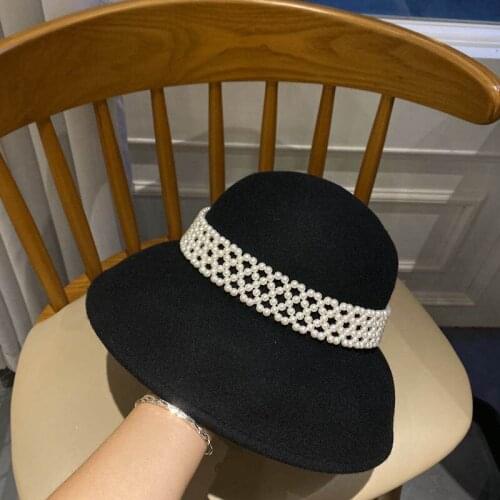 202011-qiaoyou autumn winter elegant Hepburn style pearl ribbon dinner or leisure lady bucket cap women fishermen hat