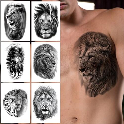 3D Compass Lion Temporary Tattoo For Men Women Adult Forest Black Wolf Tattoos Sticker Fake Realistic Animal Tatoos Chest Body