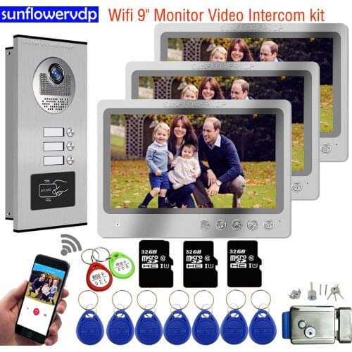 9" Wifi 32GB Video Doorbell Video Intercom With Lock Door Phone Doorbell With Camera 3 Monitors Video Door Phone Intercom System